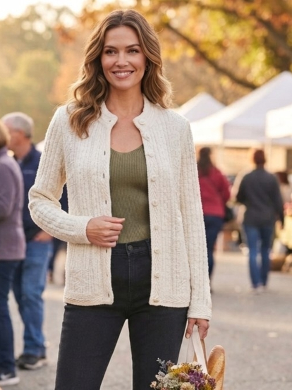 L.L. Bean Cream Cable Knit Button-Front Cardigan
